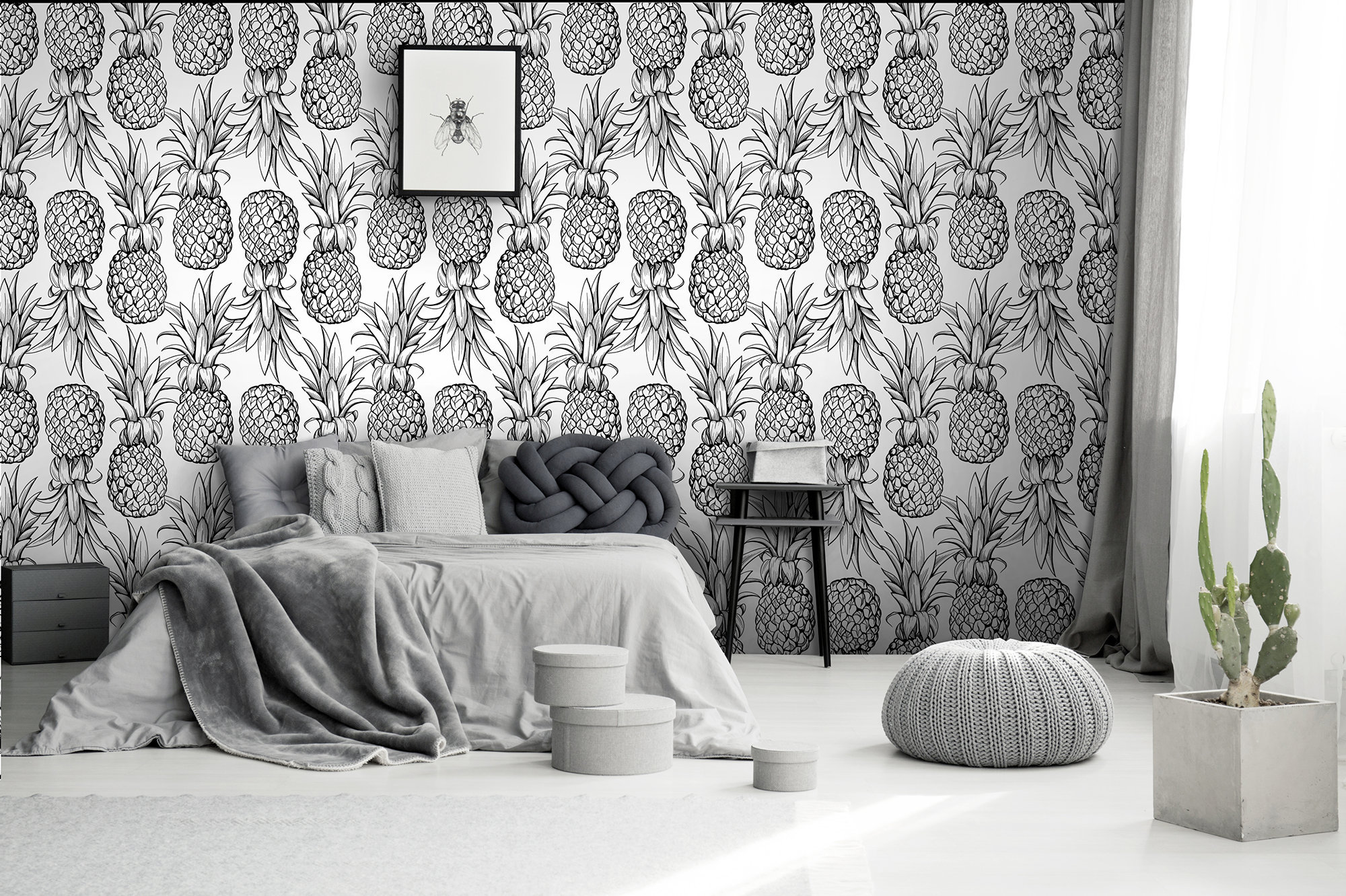 Pineapple black and white wallpaper | self-adhesive, removable, peel and stick wall mural, wall decor