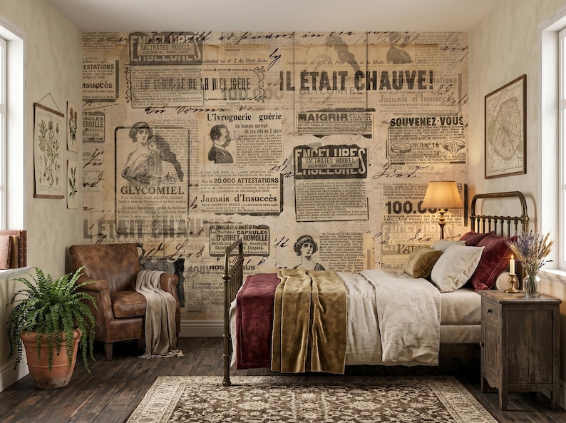 Puede incluir: Un dormitorio con una pared cubierta de papel pintado con estampado de peri&oacute;dicos franceses antiguos. La habitaci&oacute;n incluye una estructura de cama de metal con ropa de cama blanca y granate, un sill&oacute;n de cuero marr&oacute;n con manta, una mesita de noche y un helecho.