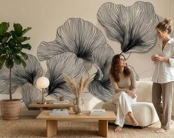 Abstract leaves wallpaper,  beige botanical wall mural, floral home decor |Peel and Stick (Self Adhesive) or Traditional Vinyl Paper