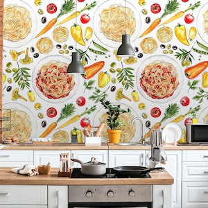 Watercolor Italian food wallpaper | Peel and Stick (Self Adhesive) or Non Adhesive Vinyl Paper
