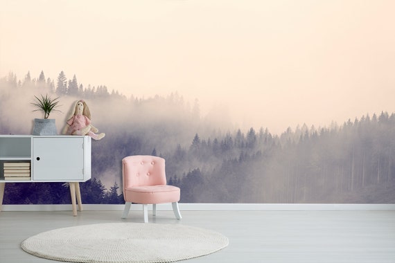 Forest landscape wallpaper,fog,home decor,wall decal,removable peel and stick wallpaper,wall decor,sticker,outlander,print painting,clipart