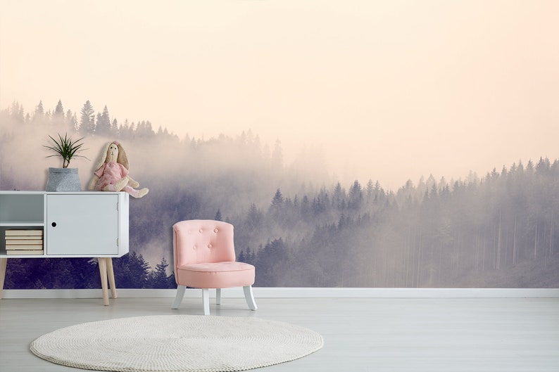 Forest landscape wallpaper,fog,home decor,wall decal,removable peel and stick wallpaper,wall decor,sticker,outlander,print painting,clipart