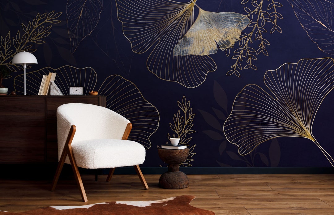 Dark Blue Art Deco Wallpaper, Yellow Ginkgo Biloba Leaf, Abstract Wall