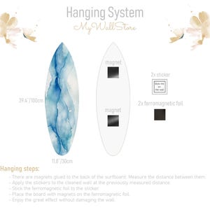 May include: A surfboard-shaped wall art piece with a blue and white watercolor design. The image shows the hanging system, including magnets, stickers, and ferromagnetic foil. The art measures 39.4 inches by 11.8 inches.