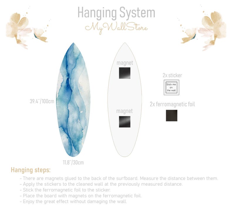 May include: A surfboard-shaped wall art piece with a blue and white watercolor design. The image shows the hanging system, including magnets, stickers, and ferromagnetic foil. The art measures 39.4 inches by 11.8 inches.