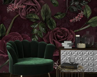 Dark Burgundy Rose Wallpaper Mural, Peel and Stick Removable