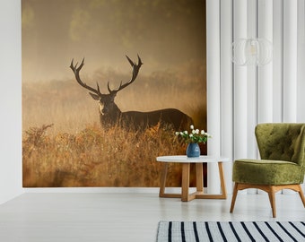 Red deer stag in the mist, self adhesive, peel and stick wall mural