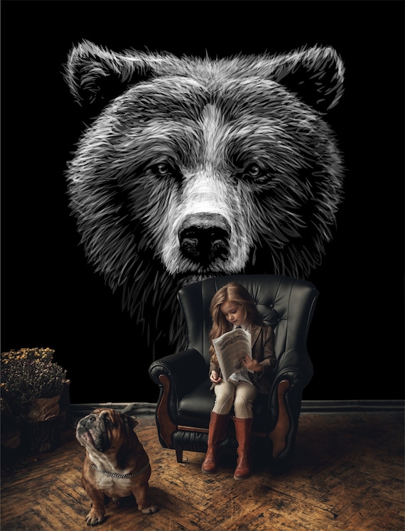 黒い背景にクマの壁紙 | 粘着式、取り外し可能、剥がして貼る壁画、壁