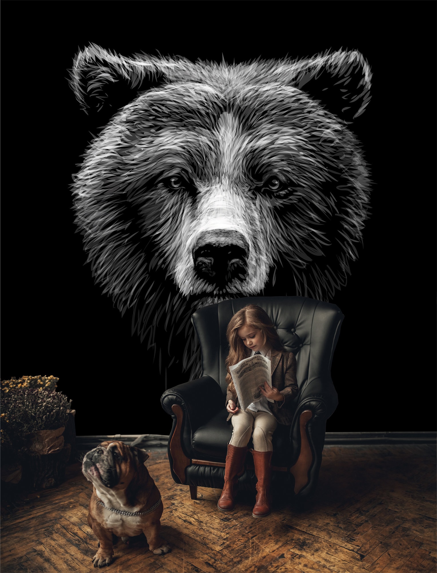 Wallpaper with bear on a black background | self-adhesive, removable, peel & stick wall mural, wall decor
