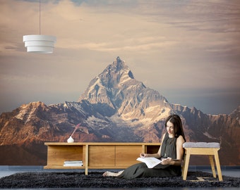 Sunny mountain landscape photo wallpaper | self-adhesive, removable, peel & stick wall mural, wall decor