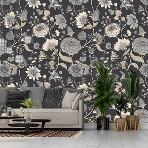 Beautiful light beige and blue flowers in vintage style, floral pattern, wallpaper | self-adhesive, removable, peel and stick wall mural