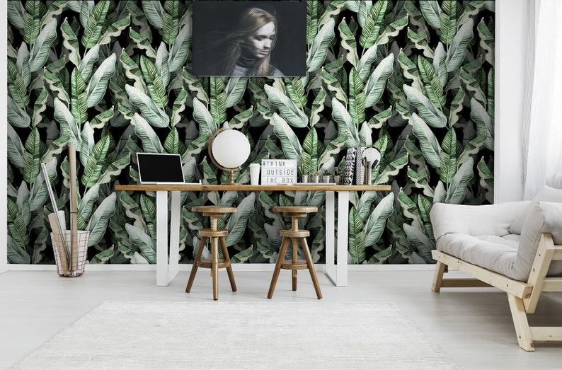 Beautiful pattern with tropical leaves and banana leaves, floral pattern, wallpaper self-adhesive, removable, peel and stick wall mural image 4