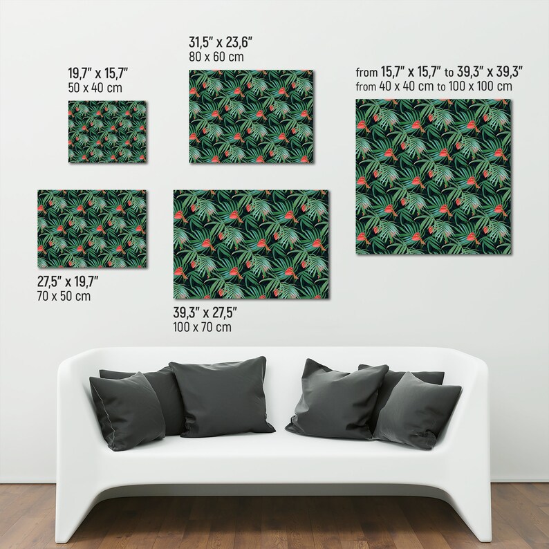 Puede incluir: Un arte de pared de lienzo de impresi&oacute;n tropical con un patr&oacute;n repetitivo de hojas verdes y flores rojas. El arte est&aacute; disponible en varios tama&ntilde;os, que van desde 40 cm x 40 cm hasta 100 cm x 100 cm.