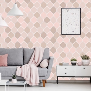 Pastel pink and brown art deco pattern wallpaper | self-adhesive, removable, peel & stick wall mural, wall decor