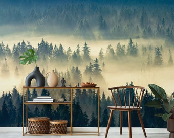 Blue & Yellow Conifer Forest Photo Wallpaper, Foggy Forest Wall Mural | Peel and Stick (Self Adhesive) or Non Adhesive Vinyl Paper