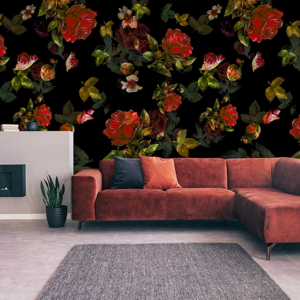 Black and Red Floral Wallpaper Etsy