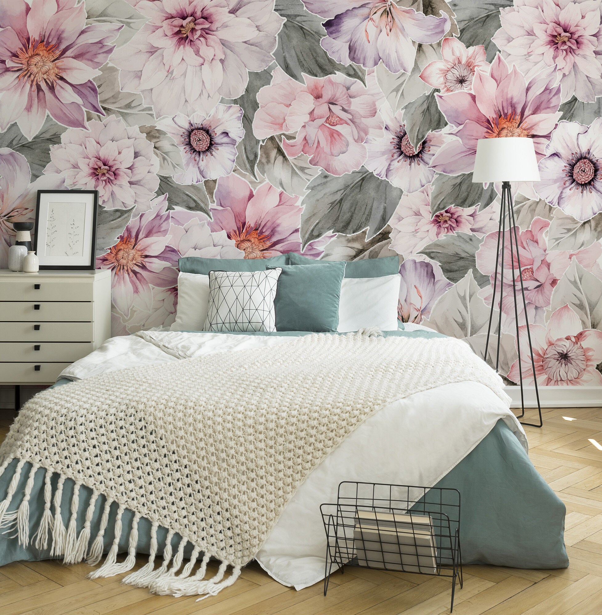 Pink Floral Wallpaper, Watercolor Flower Wall Mural, Peel and Stick - Etsy