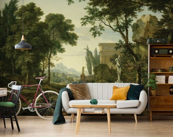 Green antique landscape wallpaper, Wall Mural | Peel and Stick (Self Adhesive) or Non Adhesive Vinyl Paper