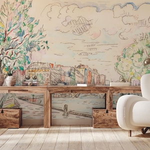 Drawn city wallpaper, buildings and tree, Wall Mural | Peel and Stick (Self Adhesive) or Non Adhesive Vinyl Paper