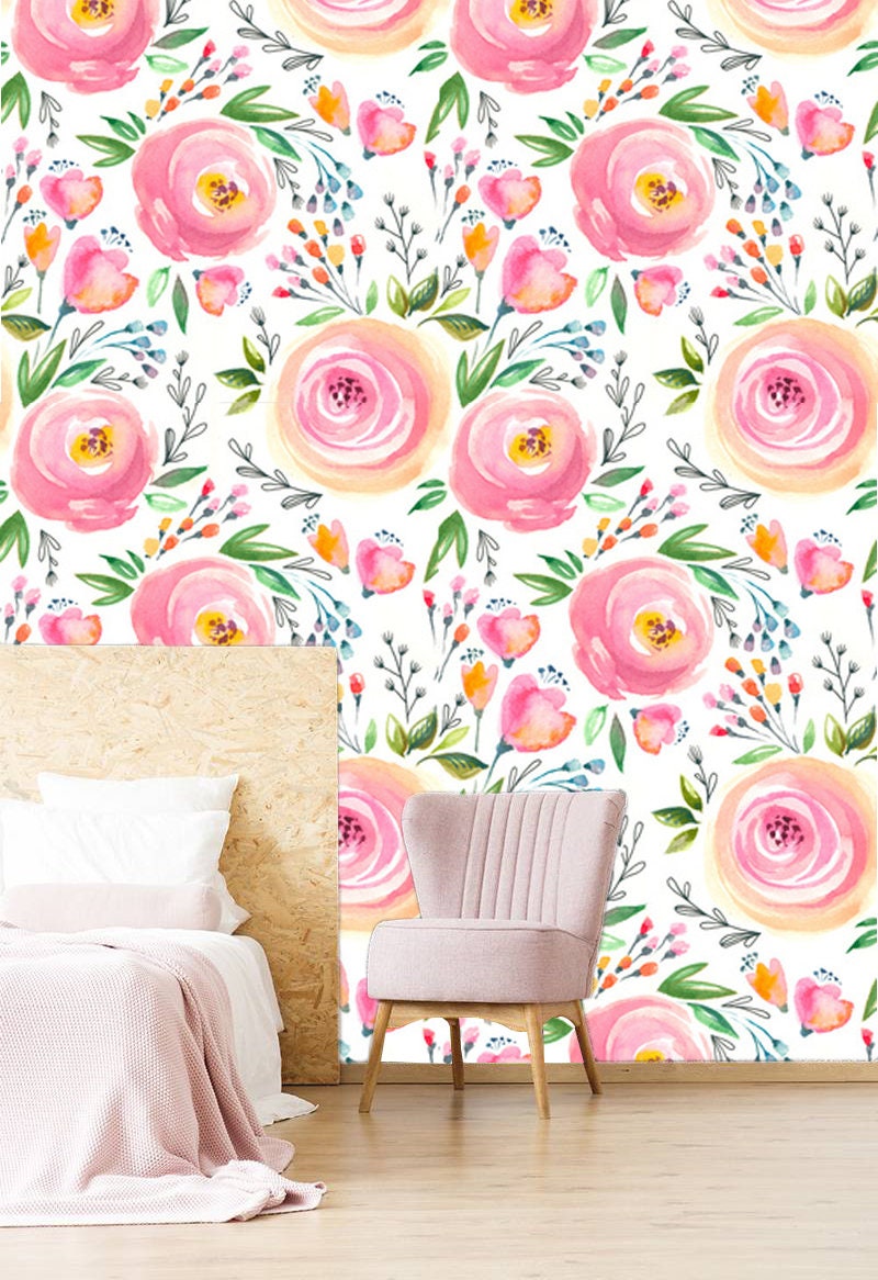 Pink Rose Watercolor Wallpaper, Floral Peel and Stick Wall Mural - Etsy