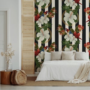 Carta da parati con strisce bianche e nere, ibisco e pappagallo, autoadesiva, decorazione murale floreale stacca e incolla