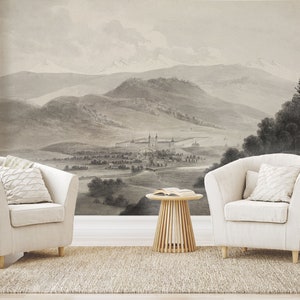 Vintage wallpaper with old landscape | Peel and Stick (Self Adhesive) or Non Adhesive Vinyl Paper