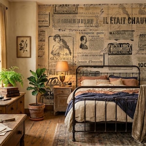 Puede incluir: Un dormitorio con una estructura de cama de metal y ropa de cama en tonos beige, &oacute;xido y azul marino. La pared est&aacute; cubierta con papel tapiz de peri&oacute;dico franc&eacute;s antiguo con texto e ilustraciones en negro. Una mesita de noche de madera sostiene una l&aacute;mpara.
