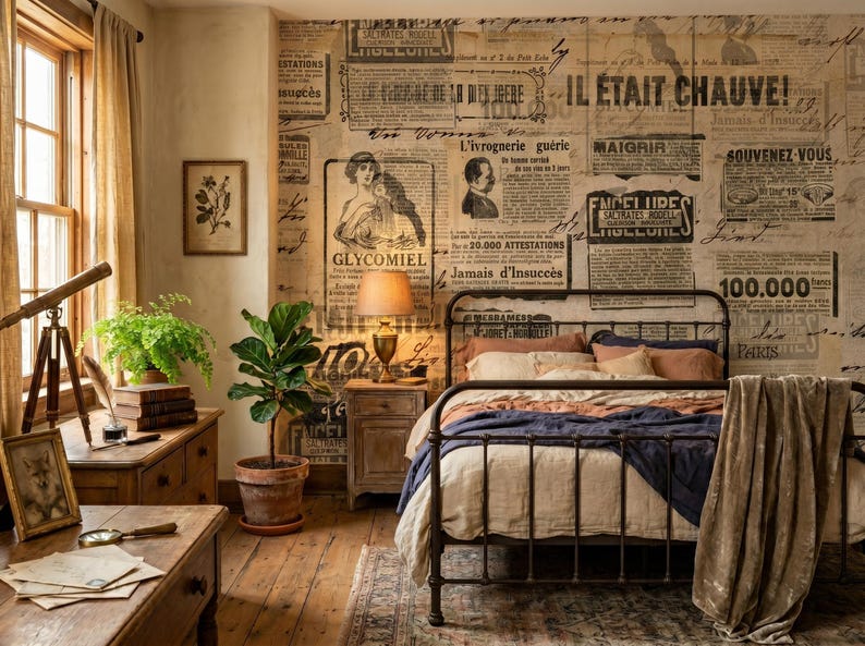 Puede incluir: Un dormitorio con una estructura de cama de metal y ropa de cama en tonos beige, &oacute;xido y azul marino. La pared est&aacute; cubierta con papel tapiz de peri&oacute;dico franc&eacute;s antiguo con texto e ilustraciones en negro. Una mesita de noche de madera sostiene una l&aacute;mpara.