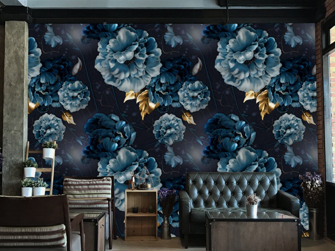 Dark Blue Peony Mural | Removable Peel and Stick Wallpaper - Etsy