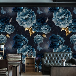 Dark blue and yellow matte peony mural* | self-adhesive wallpaper, removable, peel and stick wall mural, wall decor