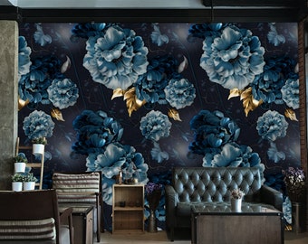 Large Watercolor Flowers on Navy Background Removable Wallpaper