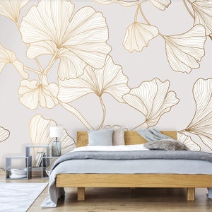 Bellissime grandi foglie gialle bianche su sfondo beige, carta da parati art deco / murale autoadesivo, rimovibile, stacca e incolla
