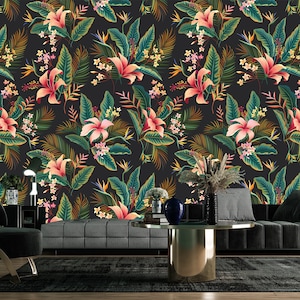 Floral wallpaper, tropical floral hibiscus and palm tree leaves | self-adhesive wallpaper, removable, peel & stick wall mural, wall decor