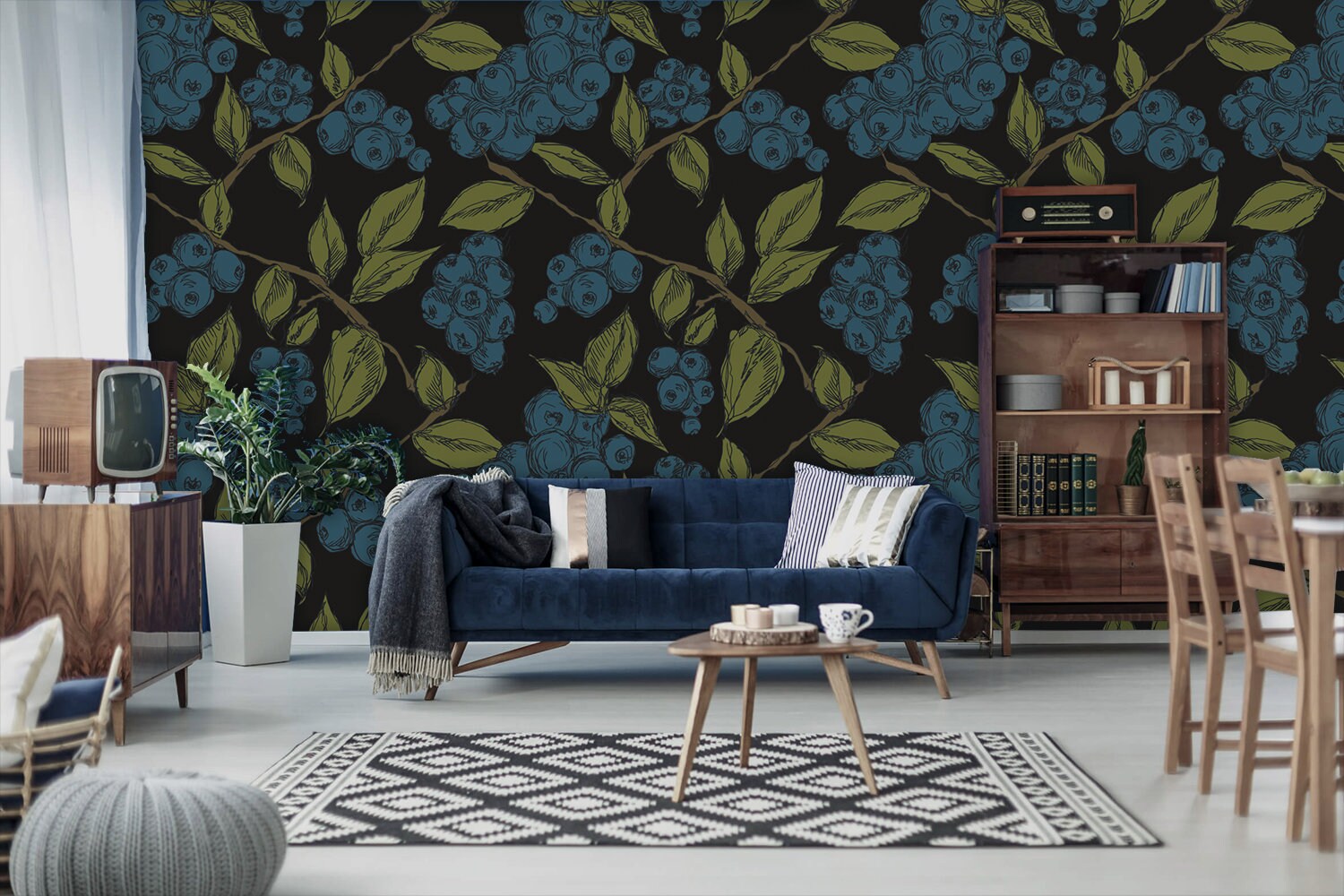Blueberry Branch Wallpaper, Dark Home Decor, Peel and Stick Wall Decal ...