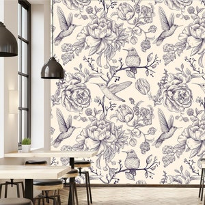 Vögel und Blumen Tapete, floral | selbstklebende Tapete, ablösbar, Wandbild, Wanddeko abziehen