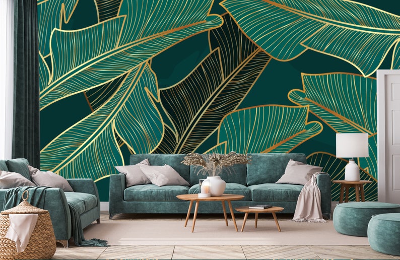 Tropical Leaf Wallpaper | Green & Gold Peel and Stick Wall Mural - Etsy