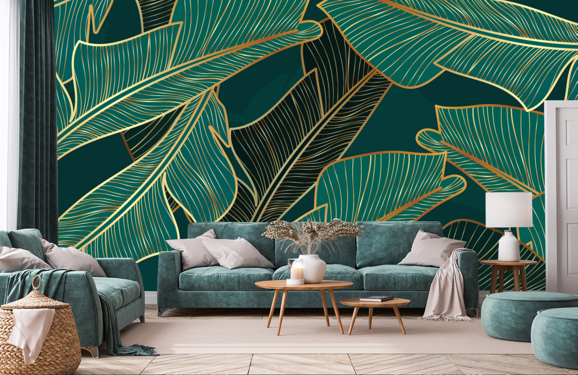 Tropical Leaf Wallpaper | Green & Gold Peel and Stick Wall Mural - Etsy