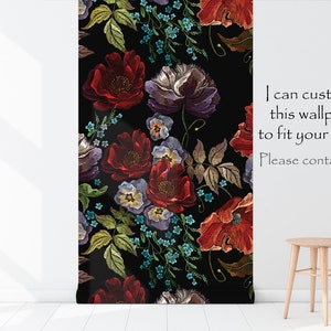 May include: A seamless pattern featuring embroidered red, purple and blue flowers on a black background. The flowers are arranged in a repeating pattern and are surrounded by green leaves. The text "I can customize this wallpaper to fit your needs. Please contact me. :)" is visible on the right side of the image.