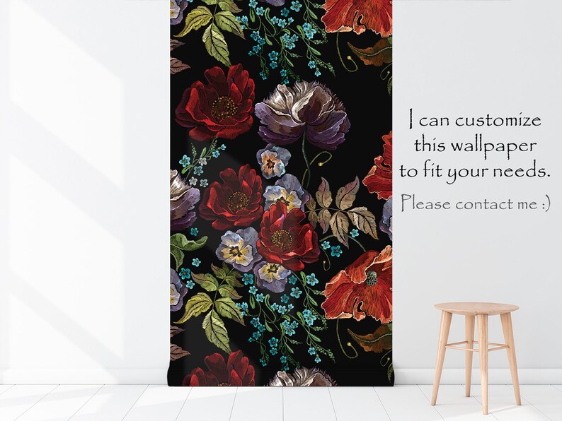 May include: A seamless pattern featuring embroidered red, purple and blue flowers on a black background. The flowers are arranged in a repeating pattern and are surrounded by green leaves. The text "I can customize this wallpaper to fit your needs. Please contact me. :)" is visible on the right side of the image.