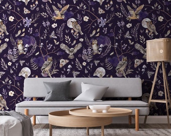 Owl Wallpaper, Abstract Floral Pattern, Peel and Stick Vinyl