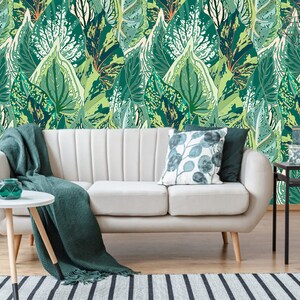 Green different kinds of leaves, leaf pattern, wallpaper | self-adhesive, removable, peel and stick wall mural