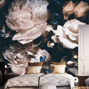 Dark Floral Peel and Stick Wallpaper, Vintage Oil Painting Mural