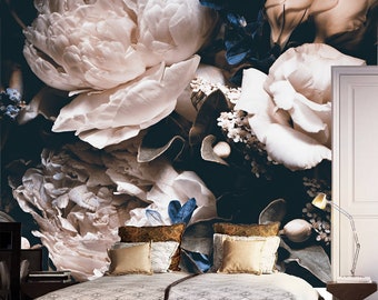 Dark vintage floral wallpaper, wedding clipart removable Wallpaper, dramatic floral wall mural, peel and stick wallpaper, oil painting mural
