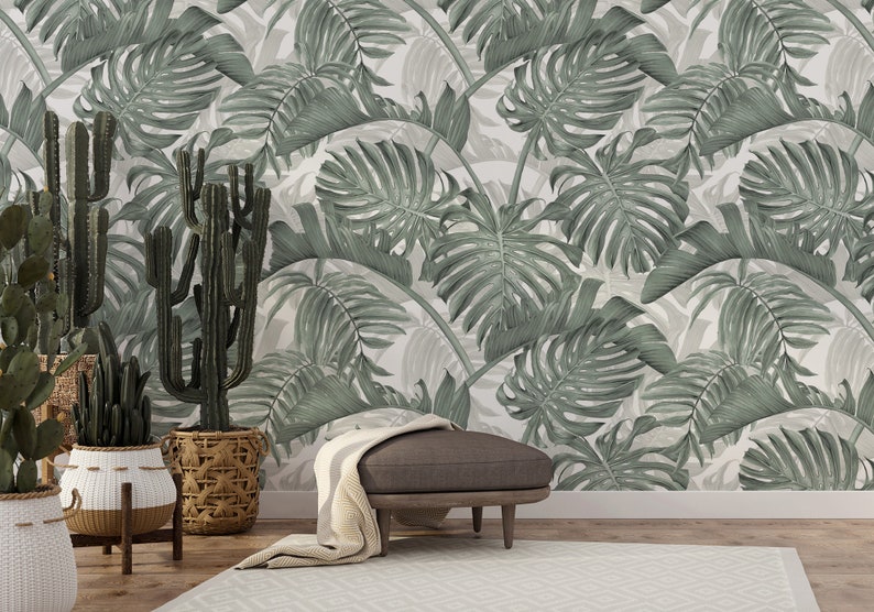May include: A living room interior with a green and white tropical leaf patterned wallpaper. There are three potted cactus plants in the corner of the room and a brown ottoman with a white throw blanket in the center of the room.