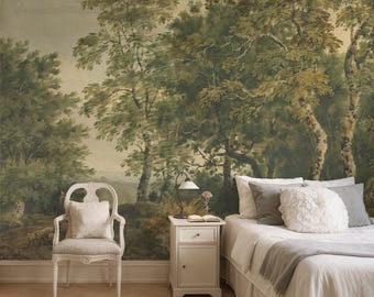 Papel de parede vintage com floresta, mural de arte de parede com paisagem | Autoadesivo ou papel de vinil tradicional.