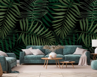 Dark Palm Leaf Wallpaper Mural, Tropical Jungle, Peel and Stick