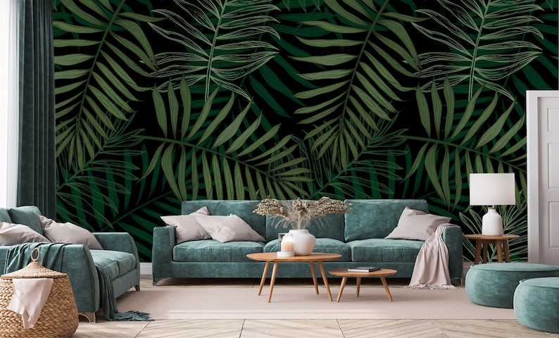 Dark Tropical Wallpaper Palm Leaf Mural Dark Jungle Pattern - Etsy