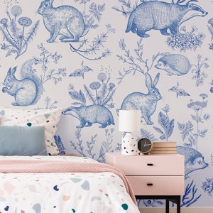 Carta da parati con animali della foresta, azzurro, scoiattolo, riccio, coniglio, erbe aromatiche* / autoadesiva, rimovibile, stacca e incolla murale per cameretta e bambini