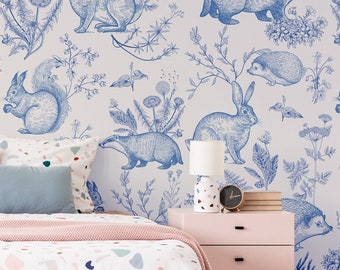 Papel pintado de animales del bosque, mural infantil azul claro, autoadhesivo.
