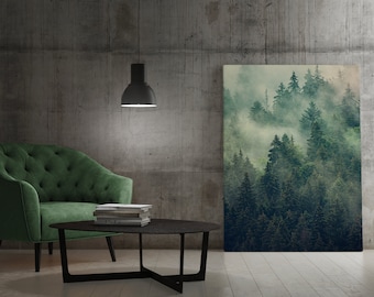 Lienzo decorativo con diseño de bosque de coníferas envuelto en niebla, decoración moderna para pared (PARA AUTOENSAMBLAJE)